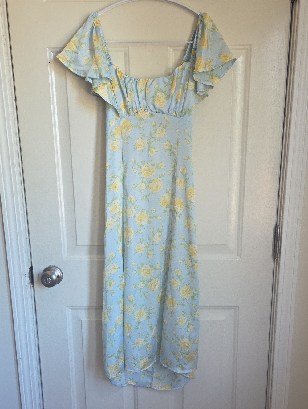 Altar'd State Light Blue and Yellow Floral Maxi Dress with Flutter Sleeves
